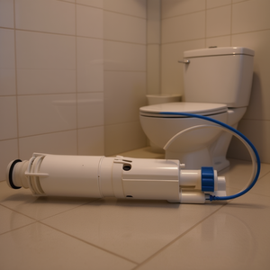 Válvula de desagüe para inodoro de doble descarga con conexión de manguera azul, diseño cilíndrico moderno, fácil instalación, uso en baño - Product Image 3