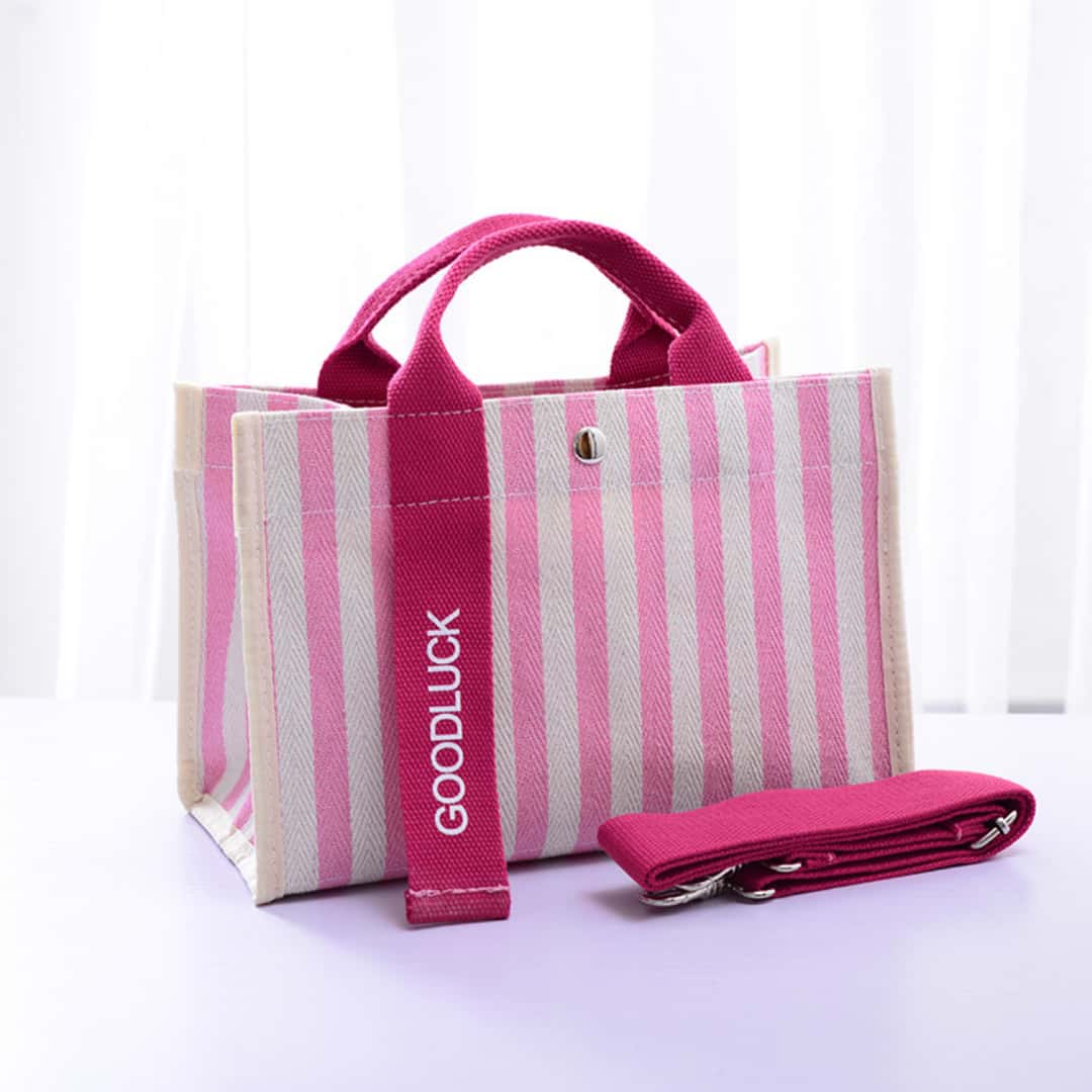 bolso tote de lona a rayas rosa claro