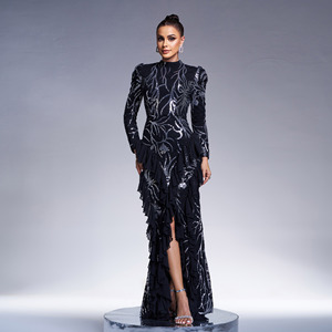 Mujeres populares Ropa de fiesta <span class=keywords><strong>O</strong></span> Escote Mangas largas Lentejuelas Negro Amarillo Vestidos de noche de gran tamañ<span class=keywords><strong>o</strong></span> con abertura - Product Image 5