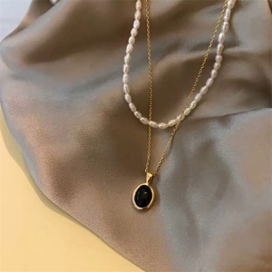 Wholesale Women Freshwater Pearl Necklace <b>Copper</b> Cat Eye Charms Black Natural Stone Pendant Necklace - Product Image 3