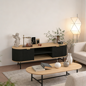 Mobile TV Ovale Moderno con Vani Portaoggetti, Consolle Multimediale con Ante a Doghe e Ripiani Aperti per Soggiorno - Product Image 3