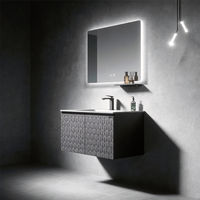 Meuble-lavabo de salle de bain gris foncé ultra-plat suspendu avec panneaux géométriques en relief et miroir LED à capteur tactile