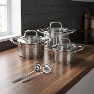 Set di Pentole in Acciaio Inox 18/0 da 8 Pezzi, Design Minimalista, Compatibile con Induzione, Coperchi in Vetro, Lavabile in Lavastoviglie, Adatto al Forno, Utensili Inclusi - Product Image 2