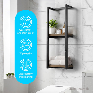 Custom Size Modern Matte Black <b>Wall</b>-<b>Mounted</b> Bathroom Organizer 2 Layer Towel Rack with Wooden <b>Shelf</b> - Product Image 4