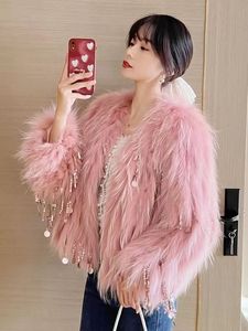 Chaqueta de Piel de Mapache Negra Carbón a la Moda con Borlas, Abrigo de Piel Genuina, Chaqueta Corta Elegante para Fiesta, Estilo Boutique - Product Image 4