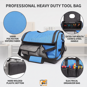 Heavy Duty 1680D <b>Tool</b> Bag with Hard Plastic Bottom, Steel Handle,Gated Top Mouth Cover, Waterproof Electrical Organizer Bag - Product Image 1