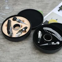 Ensemble cadeau d'ouvre-bouteille à vin en acier inoxydable, boîte ronde en cuir, kits à vin, bouchon, verseur, outil, 4 pièces, ouvre-bouteille à vin rouge