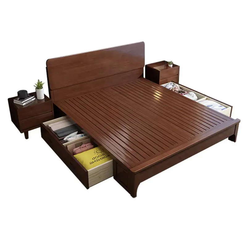 Conjunto de camas inteligentes de madeira, conjunto moderno de cama king queen com tamanho duplo, quarto, couro, armazenamento, madeira ajustável