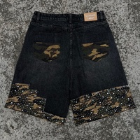 Shorts en jean noir baggy déchirés et vieillis, style streetwear vintage, avec logo personnalisé OEM, patchwork épais pour homme
