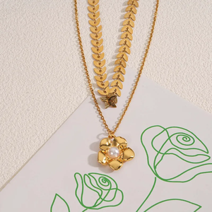 Collar de Doble Capa de Acero Inoxidable 304 con Colgante de Flor Chapado en Oro de 18K de Moda, Electrochapado al Vacío de 18K para Mujer - Product Image 3
