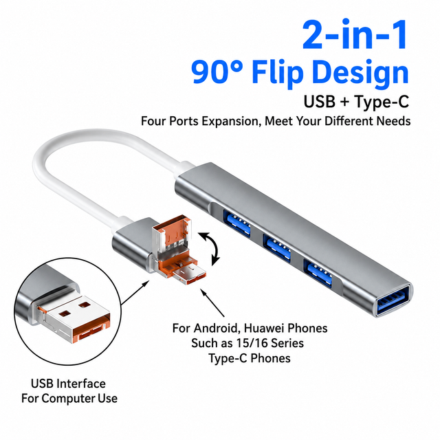 Hub USB 2.0 4-Port Flip Design USB Type-C High-Speed Aluminum Alloy Splitter for Desktop Computer & Phones Expansion in Stock