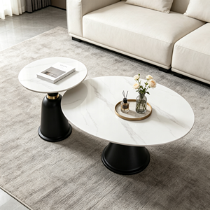 Ensemble de tables basses gigognes rondes modernes avec plateau en marbre, design minimaliste pour salon, base blanche - Product Image 2