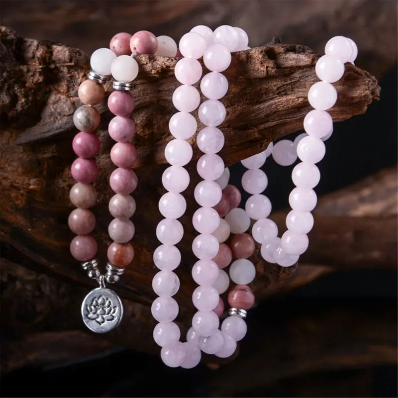 SN1828 108 Rhodonite quarzo rosa avvolto bracciale collana preghiera Mala bracciali Yoga in pietra naturale