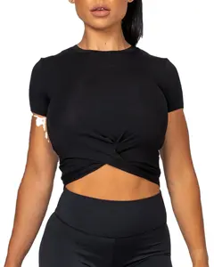 Hot Fashion Stylish Ribbed Crop Short Sleeve Tee Draped Twist Front Crew Neckline Super Soft Knit Breathable Crop Top