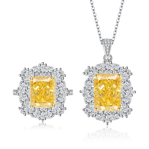 Ensemble collier et boucles d'oreilles en cuivre, style géométrique carré, avec pierre jaune 10*14MM et zircone cubique, effet glacé - Product Image 1