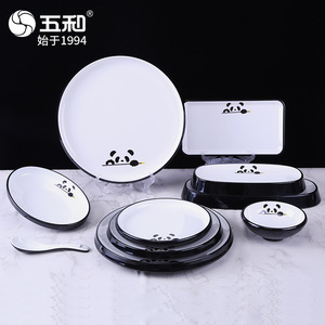 Wuhe Melamine Tableware Set 10pcs Black Panda Design Durable Hotel Use - Product Image 1