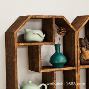 Estante de Exhibición de Madera Maciza para Montar en la Pared, Estilo Chino, Forma Irregular, con Múltiples Compartimentos, para Almacenamiento en Salas de Té - Product Image 3