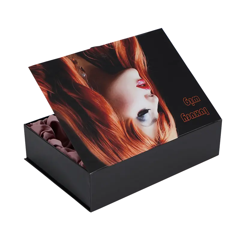 Amostras grátis Logotipo personalizado Black Luxury Ribbon Hair Extension Box Peruca Cosméticos Embalagem Magnética Foldable Silk Satin Forrado Gif
