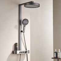 Ensemble de douche mural multifonction pressurisé gris anthracite brossé pour salle de bain, avec jets pluie et jet, cartouche céramique et étagère de rangement