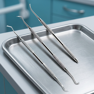 Ensemble d'instruments chirurgicaux dentaires manuels en acier inoxydable avec poignée moletée, Classe I, argent - Product Image 2