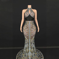 Robe de soirée longue noire, magnifique, entièrement ornée de strass, avec traîne, en maille transparente, sexy, personnalisable