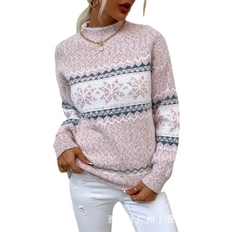 Casual Women's Winter Jumper Half High Neck Snowflake Knitwear in Wool Blend with Crew Neck Floral Pattern Polyester Material