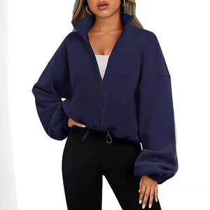 Women's Fleece <b>Zip</b>-<b>Up</b> Jacket Casual Stand Collar Sportswear with Drawstring Hem Loose <b>Cropped</b> Sweatshirt - Product Image 1