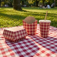 Ensemble de pique-nique à emporter en gingham rouge, boîte à burger articulée, support à frites, gobelet à boisson avec couvercle pour les vendeurs de nourriture en extérieur