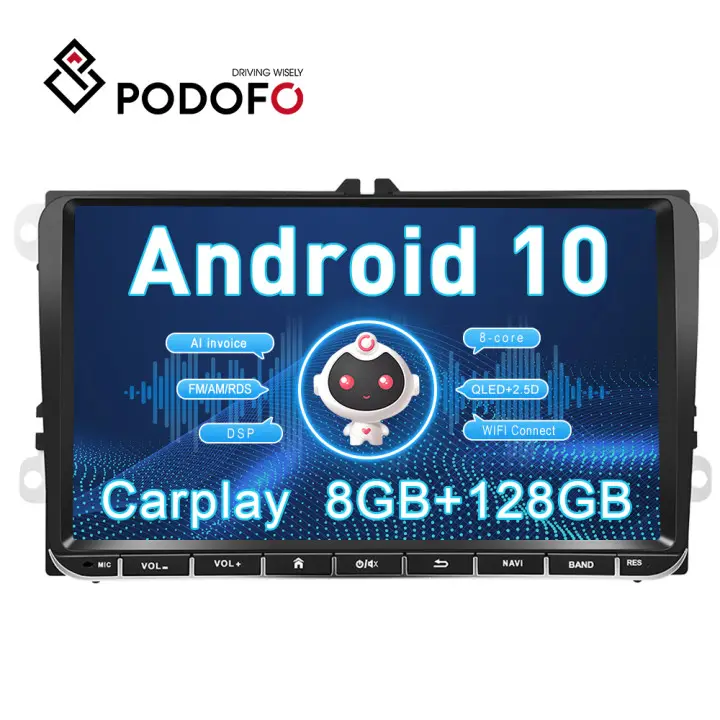 Podofo 9 ''Android 10.0 Auto Radio 8 + 128G Auto Speler Ai Voice Qled Screen Gps Navigatie Wifi bt Dsp Voor Volkswagen/Skoda