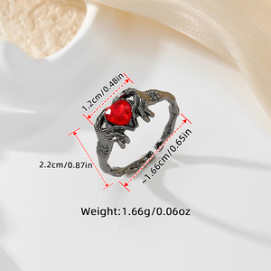 Skeleton Heart Shape Red Stone <b>Open</b> <b>Ring</b> For Women Party Jewelry Claw Setting - Product Image 2
