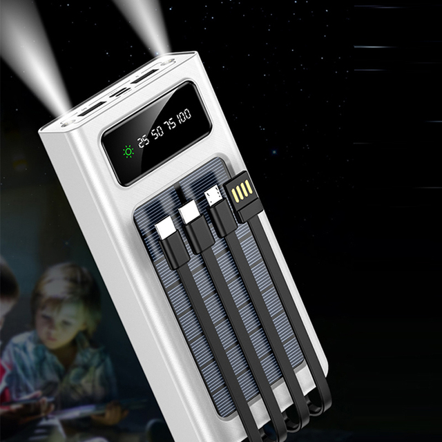 Manufacture Wholesale 10000mah Flashlight Solar 4 in 1 Usb Cable Power Bank Christmas Gift Recharging Power Bank