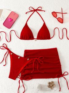 Conjunto de Bikini Sexy de 3 Piezas de Color Sólido para Mujer, Traje de Baño de Cintura Baja con Braguitas Triangulares, Traje de Baño para Playa y Vacaciones - Product Image 6