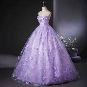 Purple Gauze Evening Dress Long Skirt 3D Butterfly Embroidery Strapless Women Stage Performance Costume - Product Image 2