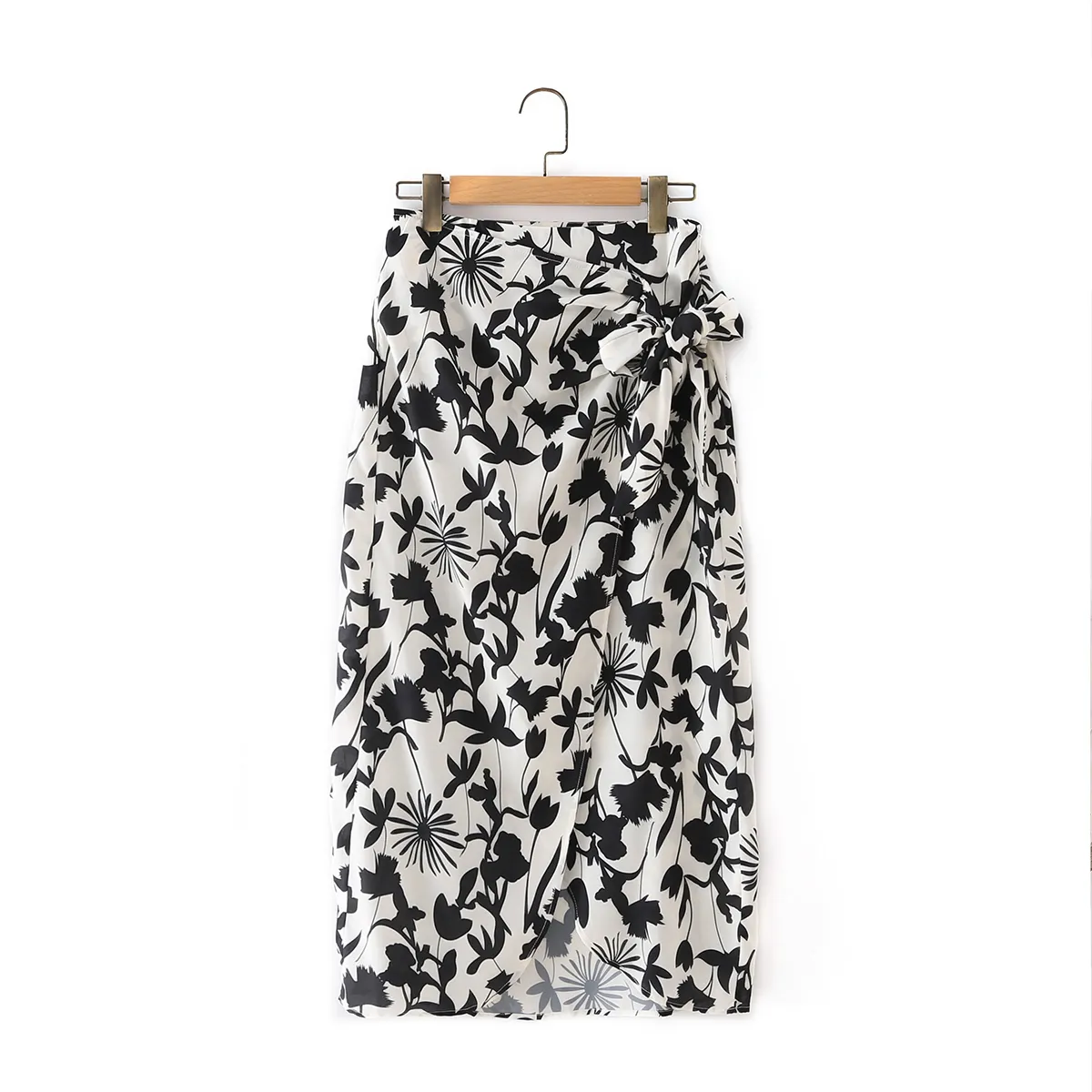 Black floral print side bow elegant fashion casual summer long skirt for women