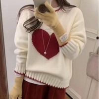 Femmes grande taille automne hiver plat chandails tricotés coeur-armorié à manches longues Style décontracté avant Logo bouton décoration