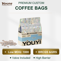 Sachet à café vide à fond plat avec valve, imprimé sur mesure, en aluminium, pour emballage alimentaire PE thermoscellable, sachet à soufflet latéral pour snacks