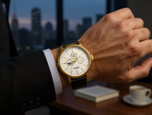 Orologio Meccanico da Uomo YOSNO 38mm Cassa Rotonda Dorata Cinturino in Pelle Fasi Lunari Quadrante Analogico Stile Elegante - Product Image 2