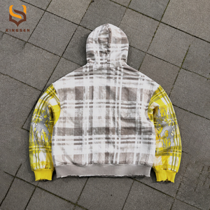 เสื้อฮู้ดดี้ผู้ชายผ้าเฟรนช์เทอร์รี่ 420 GSM แบบสั่งทำพิเศษ สีบล็อก ผ้าฟลานเนล ซิปหน้า ทรงหลวม ไหล่ตก ลายตารางหมากรุก ปักลาย - Product Image 2