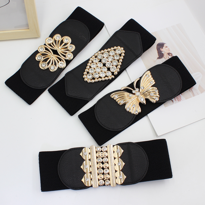 Wholesale Retro Korean Waist Custom Bow Tie Flower Butterfly Buckle Leather Women Fashion Metal Elastic Belt