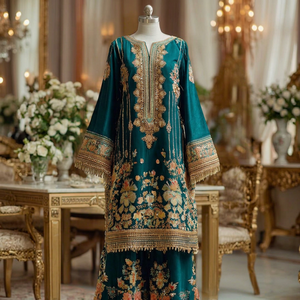 ATIYA LIBAS Traditional Embroidered Floral Design Chiffon <b>Kurta</b> Sarara Dupatta <b>Women</b> Wedding Engagement Green Gold Ethnic - Product Image 1