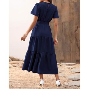 Robe longue décontractée d'été pour femme à manches volantées, col rond, taille élastique, à volants, coupe trapèze, pour le quotidien - Product Image 5