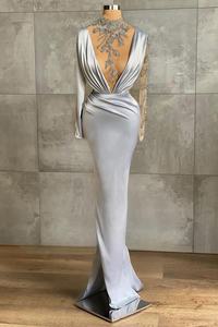 Gaun <span class=keywords><strong>Prom</strong></span> putri duyung Satin Ruffles, gaun pesta pernikahan pengiring pengantin pesta dekorasi renda lengan panjang elegan - Product Image 3