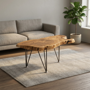 Table de dessin en bois à bord naturel avec pieds en métal type cheveux de cheval, design rustique moderne, assemblage DIY, mobilier de bureau commercial - Product Image 2
