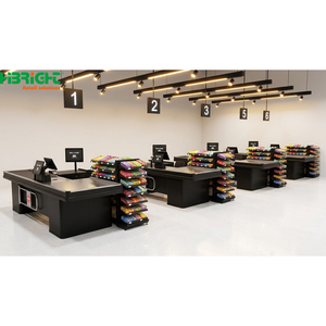 Mostrador de caja en forma de L para supermercado con estantería lateral, mostrador de caja moderno con acabado de madera para tienda de conveniencia o floristería - Product Image 2