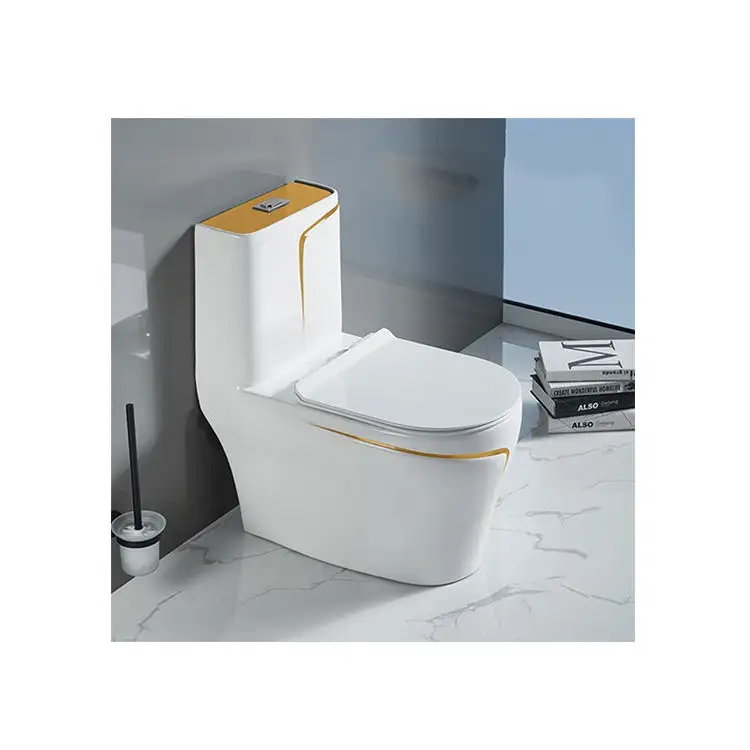 Lüks sıhhi tesisat su çerçevesiz dolap seramik banyo porselen altın WC tek parça tuvalet