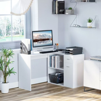 Bureau d'ordinateur en forme de L, table d'angle rotative à 180 °, équipé d'étagères de rangement, de tiroirs et d'armoires