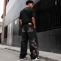 Fabricant de vêtements personnalisés OEM ODM : Jeans baggy pour hommes, coupe large, délavage noir, broderie graphique, pantalon en denim, streetwear