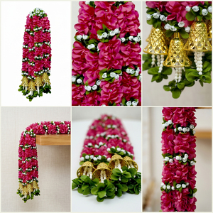Guirlande de fleurs artificielles roses avec clochettes dorées, toran décoratif suspendu pour mariage, festival, maison, temple - Product Image 4