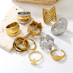 Bagues tendance en acier inoxydable au design géométrique ouvert, ensemble de bijoux pour femme au quotidien - Product Image 1