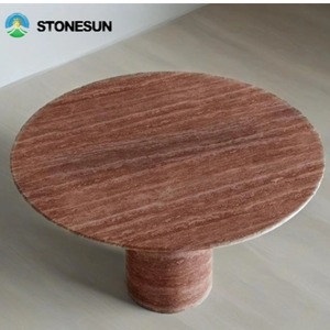 StoneSun <span class=keywords><strong>Table</strong></span> de salle à manger ronde élégante en travertin rouge Pied cylindrique Pierre de marbre en travertin rouge pour <span class=keywords><strong>table</strong></span> de cuisine - Product Image 1